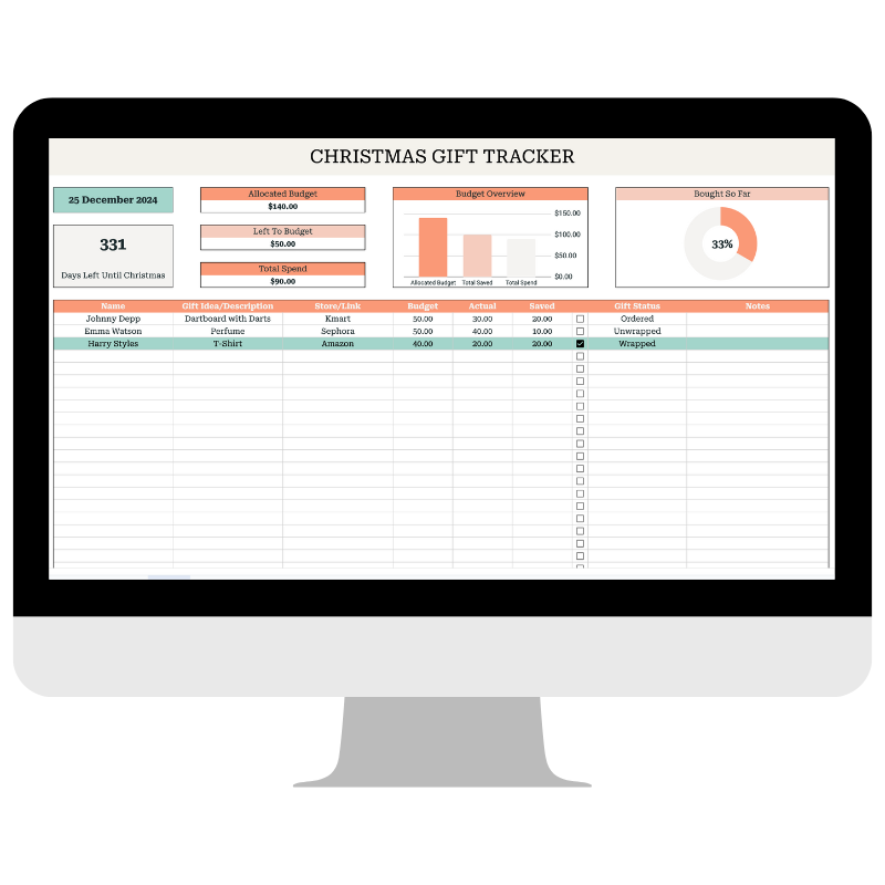 Simple Christmas Gift Tracker Spreadsheet