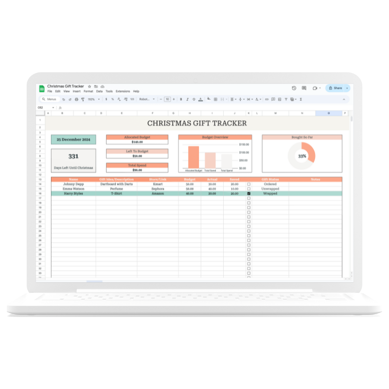 Simple Christmas Gift Tracker Spreadsheet