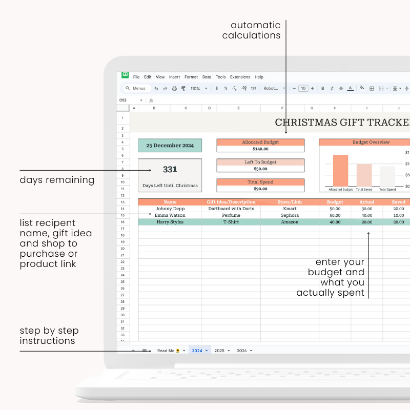 Simple Christmas Gift Tracker Spreadsheet