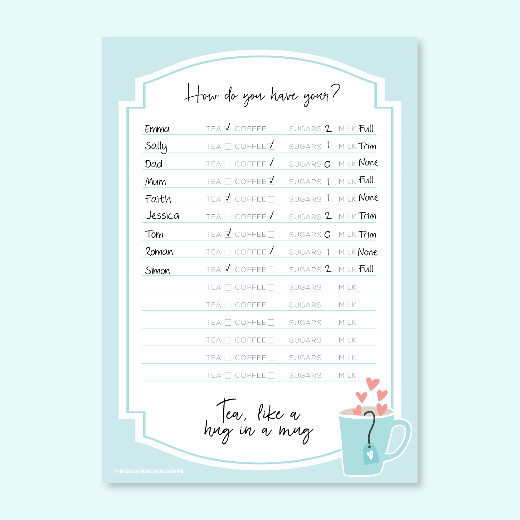 Printable Tea or Coffee Chart OrganisedHQ Printable Tea or Coffee Chart OrganisedHQ
