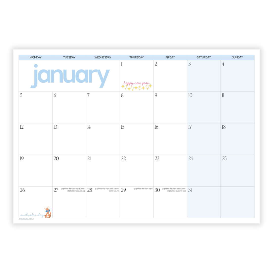 January calendar with a light blue background